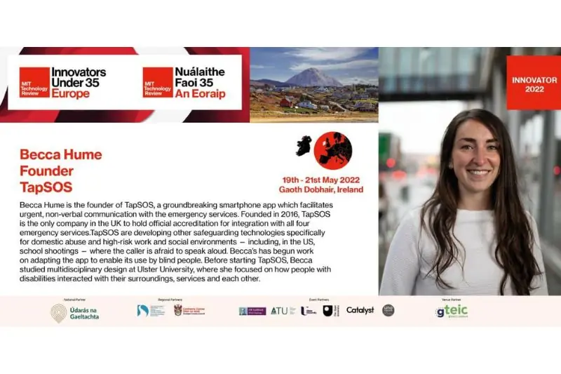 Innovators Under 35 Europe 2022 profile of Becca Hume, Founder of TapSOS, for the event in Gaoth Dobhair, 19 to 21 May 2022